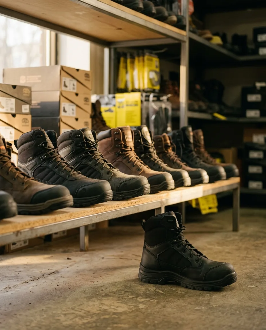 Work boots stocked on the shelf