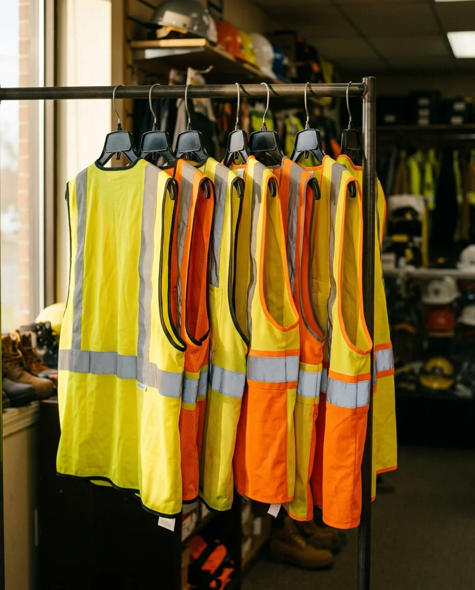Hi-vis vests hanging in the shop