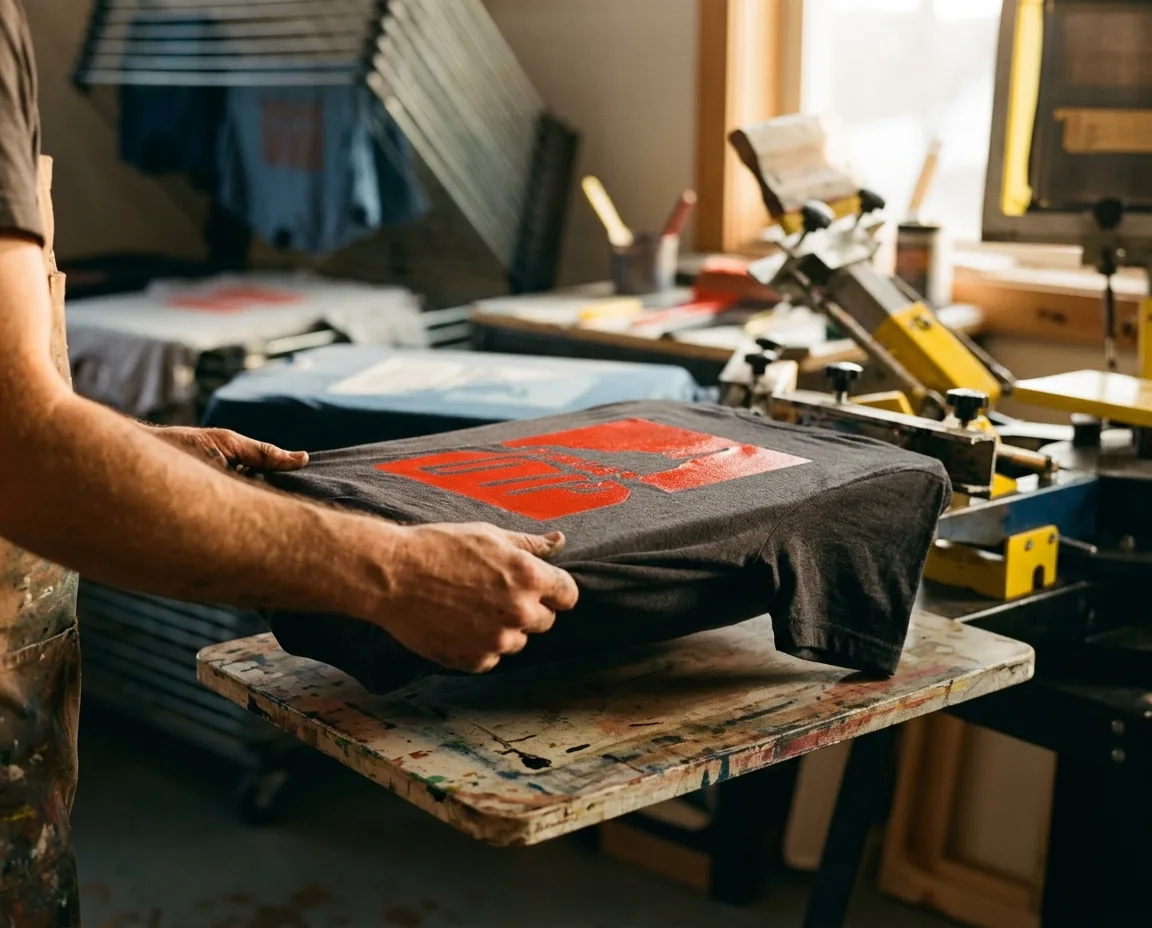 Freshly printed shirts coming off the press